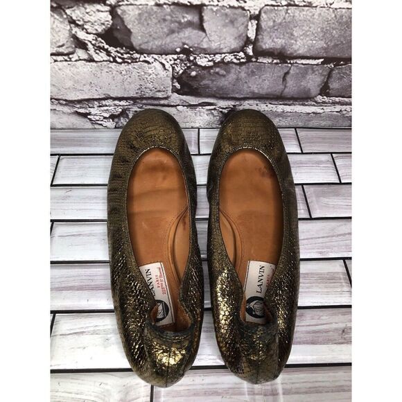 Lanvin Paris Gold Metallic Leather Snake Skin Print Ballet Flats Women Sz 39EU/8 - Picture 9 of 16